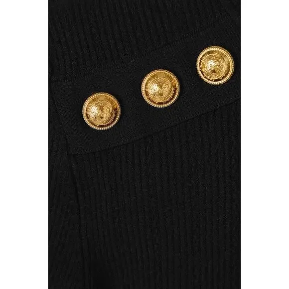 Balmain Button-Detailed Ribbed-Knit Turtleneck Sweater - 6 Black